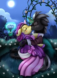 Size: 2550x3509 | Tagged: safe, artist:pridark, oc, oc only, oc:ebony crescent, bat pony, changeling, pony, unicorn, clothes, commission, curved horn, dress, female, full moon, garden, glowing horn, high res, horn, kissing, magic, male, mare, moon, night