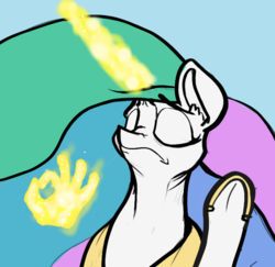 Size: 683x665 | Tagged: safe, artist:greyscaleart, princess celestia, alicorn, pony, g4, blue background, bust, ear fluff, eyes closed, female, frog (hoof), frown, glowing horn, hand, hoof shoes, horn, horseshoes, magic, magic hands, mare, meme, missing accessory, pacha, peytral, portrait, simple background, solo, the emperor's new groove, underhoof, when x just right