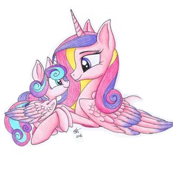 Size: 5096x5064 | Tagged: safe, artist:celestial-rainstorm, princess cadance, princess flurry heart, alicorn, pony, g4, absurd resolution, colored wings, colored wingtips, cute, cutedance, eye contact, female, flurrybetes, foal, large wings, leaning, looking at each other, mare, missing accessory, mother and daughter, oversized wings, prone, simple background, smiling, traditional art, white background, wing fluff, wings