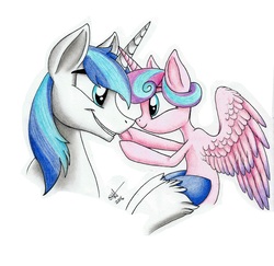 Size: 5096x4944 | Tagged: safe, artist:celestial-rainstorm, princess flurry heart, shining armor, g4, absurd resolution, colored wings, colored wingtips, father and daughter, simple background, traditional art, white background