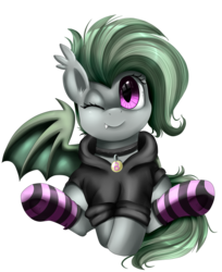 Size: 1774x2174 | Tagged: safe, artist:pridark, oc, oc only, oc:bliss, bat pony, pony, clothes, collar, commission, cute, fangs, female, mare, ocbetes, one eye closed, simple background, sitting, socks, solo, striped socks, sweater, transparent background, wink