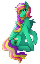 Size: 1126x1800 | Tagged: safe, artist:monnarcha, oc, oc only, pegasus, pony, art trade, braid, female, hoers, looking back, mare, multicolored hair, raised hoof, simple background, sitting, smiling, solo, transparent background