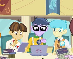 Size: 1030x834 | Tagged: safe, bright idea, micro chips, velvet sky, wiz kid, equestria girls, g4, my little pony equestria girls, background human, book, computer, freckles, glasses, ipad, iphone, laptop computer, lightbulb, tablet