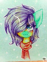 Size: 450x600 | Tagged: safe, artist:zefirka, oc, oc only, pony, :3, bust, clothes, portrait, scarf, solo, traditional art