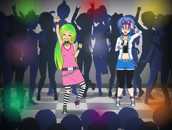Size: 2000x1500 | Tagged: safe, artist:kathara_khan, dj pon-3, lemon zest, vinyl scratch, equestria girls, g4, armpits, belly button, blushing, choker, clothes, converse, crush, crystal prep shadowbolts, dancing, devil horn (gesture), dress, ear piercing, earring, female, headphones, jacket, jewelry, kisekae, knees weak, leggings, lemonscratch, lesbian, love at first sight, midriff, party, piercing, shipping, shoes, shorts, shut up and dance, silhouette, sneakers, socks, spiked choker, spiked wristband, striped socks, sunglasses, tank top, walk the moon, wristband