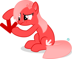 Size: 2199x1821 | Tagged: safe, artist:arifproject, oc, oc only, oc:downvote, pony, derpibooru, g4, arrow, derpibooru ponified, downvote's downvotes, hairclip, meta, ponified, simple background, sitting, solo, tongue out, transparent background, vector
