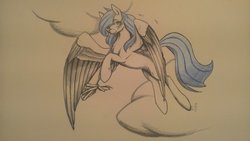 Size: 1024x576 | Tagged: safe, artist:oneiria-fylakas, oc, oc only, pegasus, pony, female, flying, mare, solo, traditional art
