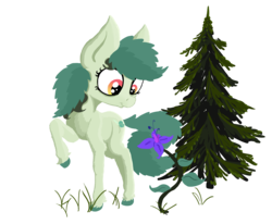 Size: 2233x1842 | Tagged: safe, artist:paskanaakka, derpibooru exclusive, oc, oc only, oc:bittergreen, pony, bags under eyes, chest fluff, colored hooves, flower, fluffy, grass, simple background, smiling, solo, transparent background, tree, unshorn fetlocks