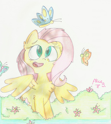 Size: 1140x1280 | Tagged: safe, artist:aliceshimmer, fluttershy, butterfly, pegasus, pony, g4, amazed, bush, chest fluff, female, looking at something, looking up, open mouth, sitting, smiling, solo, spread wings, traditional art, wings