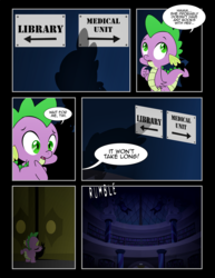 Size: 1275x1650 | Tagged: safe, artist:dsana, spike, dragon, comic:to look after, g4, canterlot library, comic, deleted scene, library, male, solo