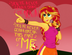 Size: 1280x985 | Tagged: safe, artist:cactus-stuff, sunset shimmer, equestria girls, g4, armpits, female, lyrics, microphone, singing, solo, text