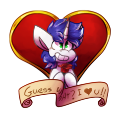 Size: 1024x1017 | Tagged: safe, artist:crownedspade, oc, oc only, oc:vocal score, pony, unicorn, banner, flower, heart, male, rose, simple background, solo, stallion, transparent background, valentine, valentine's day