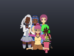 Size: 2000x1500 | Tagged: safe, artist:icicle-nicicle-1517 kisekae, indigo zap, lemon zest, sour sweet, sugarcoat, sunny flare, human, equestria girls, g4, barefoot, boots, clothes, collar, comforting, crying, dark skin, diversity, ear piercing, earring, feet, glasses, headphones, humanized, jewelry, kisekae, necklace, one eye closed, panties, piercing, sad, shadow five, socks, stockings, striped socks, thigh highs, thong, underwear, worried