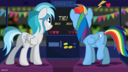 Size: 1920x1080 | Tagged: safe, artist:noah-x3, rainbow dash, oc, oc:lesa castle, pegasus, pony, g4, arcade, dance dance revolution, female, mare, raised leg, rhythm game, show accurate