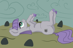 Size: 1966x1306 | Tagged: safe, artist:paskanaakka, derpibooru exclusive, maud pie, earth pony, pony, g4, colored hooves, female, looking at something, missing accessory, on back, rock, solo, unshorn fetlocks