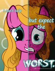 Size: 2000x2577 | Tagged: safe, artist:starbat, shady, earth pony, pony, g1, abstract background, fake smile, female, g1 to g4, generation leap, mare, sad, smiling, terrified, two sided posters, two sides, worried