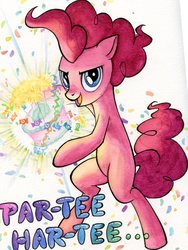 Size: 2208x2940 | Tagged: safe, artist:dracontiar, pinkie pie, earth pony, pony, g4, bipedal, cake, confetti, dragon ball, dragon ball z, female, food, high res, kamehameha, missing cutie mark, solo, this will end in parties, traditional art