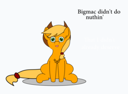 Size: 1013x746 | Tagged: safe, artist:planetkiller, derpibooru exclusive, applejack, earth pony, pony, g4, abuse, black eye, chest fluff, derpibooru theme illusion, female, hat, illusion, jackabuse, simple background, sitting, solo, the implications are horrible