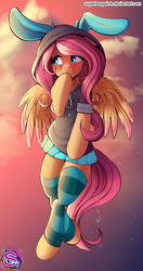 Size: 861x1634 | Tagged: safe, artist:sugarlesspaints, fluttershy, pegasus, pony, semi-anthro, g4, blushing, bunny ears, clothes, colored pupils, colored wings, colored wingtips, costume, cute, dangerous mission outfit, female, flying, hoodie, mare, shyabetes, smiling, socks, solo, striped socks, sunset