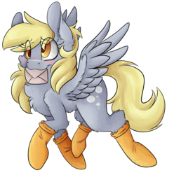 Size: 4549x4586 | Tagged: safe, artist:cutepencilcase, derpy hooves, pegasus, pony, absurd resolution, blushing, chest fluff, clothes, female, fluffy, letter, mare, mouth hold, simple background, socks, solo, spread wings, transparent background