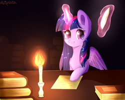 Size: 1500x1200 | Tagged: safe, artist:mitralexa, twilight sparkle, alicorn, pony, g4, book, candle, female, looking at you, magic, quill, smiling, solo, telekinesis, twilight sparkle (alicorn)