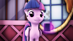 Size: 3840x2160 | Tagged: safe, artist:melodycloud14, twilight sparkle, alicorn, pony, g4, 3d, coffee, cup, female, high res, looking at you, magic, smiling, smiling at you, solo, source filmmaker, steam, twilight sparkle (alicorn)