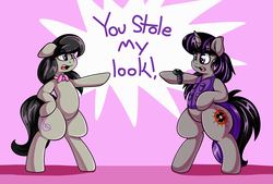 Size: 1280x864 | Tagged: safe, artist:graphene, octavia melody, oc, oc:magna-save, earth pony, pony, unicorn, g4, bipedal, cute, dialogue, duo, floppy ears, hand on hip, open mouth, pointing, purple background, simple background