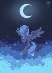 Size: 1748x2480 | Tagged: safe, artist:ogre, princess luna, alicorn, pony, g4, cloud, colored, crescent moon, cute, eyes closed, female, flower, flying, lineless, lunabetes, monochrome, moon, pixiv, s1 luna, solo, spread wings, vector, wings