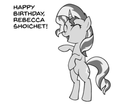 Size: 1022x891 | Tagged: safe, artist:zharkaer, sunset shimmer, pony, unicorn, g4, bipedal, birthday, eyes closed, female, grayscale, happy, happy birthday, monochrome, open mouth, rearing, rebecca shoichet, simple background, smiling, solo, text, transparent background