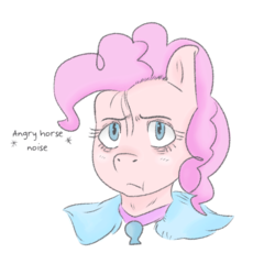 Size: 700x700 | Tagged: safe, artist:jodi sli, pinkie pie, earth pony, pony, g4, bust, clothes, female, looking at you, simple background, solo, text, unamused, when she doesn't smile