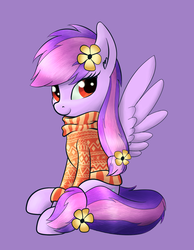 Size: 1294x1667 | Tagged: dead source, safe, artist:breakdream, oc, oc only, oc:moonlight blossom, pegasus, pony, clothes, female, flower, flower in hair, mare, simple background, sitting, solo, spread wings, sweater