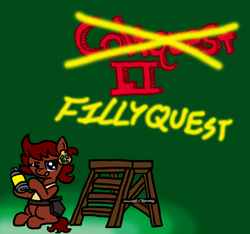 Size: 640x600 | Tagged: safe, artist:ficficponyfic, oc, oc only, oc:ruby rouge, earth pony, pony, colt quest, belt, blank flank, color, cyoa, ear piercing, earring, female, filly, foal, graffiti, jewelry, knife, ladder, logo, one eye closed, piercing, recap, smirk, solo, spray can, story included, title, title card, wink