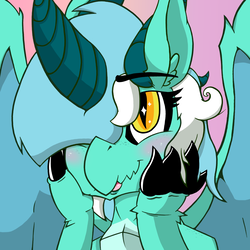 Size: 1500x1500 | Tagged: safe, alternate version, artist:dragonpone, derpibooru exclusive, lyra heartstrings, dragon, blushing, dragon lord lyra, dragonified, ear fluff, female, freckles, gradient background, hair over one eye, open mouth, shoulder freckles, smiling, solo, species swap, spread wings, starry eyes, wingding eyes