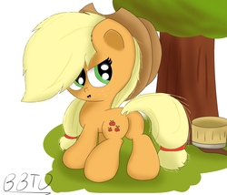 Size: 2473x2117 | Tagged: safe, artist:bronybehindthedoor, applejack, earth pony, pony, g4, basket, butt, female, high res, looking back, plot, signature, solo, tree