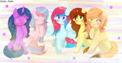 Size: 4927x2541 | Tagged: safe, artist:asika-aida, oc, oc only, oc:dreamscape, oc:melody, oc:rainbow swirl, oc:sugar dream, pegasus, pony, unicorn, commission, eyes closed, female, high res, mare, raised hoof, sitting, smiling