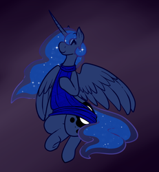 Size: 642x695 | Tagged: safe, artist:dandybound, princess luna, alicorn, pony, g4, backless, clothes, eyes closed, female, open-back sweater, sleeveless sweater, smiling, solo, sweater, virgin killer sweater