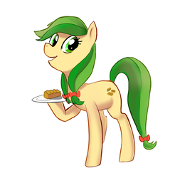 Size: 1630x1659 | Tagged: safe, artist:white-pilled, apple fritter, pony, g4, apple family member, apple fritter (food), female, food, looking at you, open mouth, plate, simple background, smiling, solo