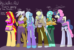 Size: 2500x1700 | Tagged: safe, artist:artsygum, bon bon, derpy hooves, gilda, lyra heartstrings, sunset shimmer, sweetie drops, trixie, cyborg, griffon, unicorn, anthro, unguligrade anthro, g4, abs, amputee, augmented, belly button, bionic arm, blindfold, bon bon is not amused, clothes, fanny pack, midriff, open-chest sweater, prosthetic limb, prosthetics, sweater, sword, unamused, weapon