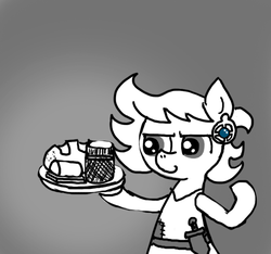 Size: 640x600 | Tagged: safe, artist:ficficponyfic, oc, oc only, oc:ruby rouge, earth pony, pony, colt quest, belt, bread, child, ear piercing, earring, female, filly, foal, food, jar, jewelry, knife, monochrome, piercing, smiling, solo, story included, tray