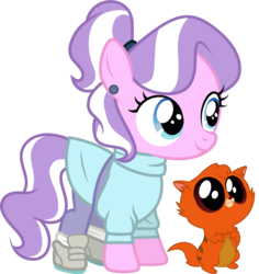 Size: 1001x1060 | Tagged: safe, artist:cloudy glow, diamond tiara, cat, earth pony, pony, g4, alternate hairstyle, clothes, clothes swap, cosplay, costume, crossover, disney, duo, female, filly, foal, jenny foxworth, oliver and company, shoes, simple background, smiling, sneakers, solo, transparent background, vector