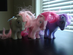 Size: 900x675 | Tagged: safe, artist:faerie-starv, blossom, cotton candy (g1), snuzzle, g1, irl, photo, toy, watermark