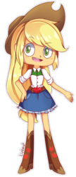 Size: 600x1389 | Tagged: safe, artist:lizbeat, applejack, equestria girls, g4, boots, clothes, cowboy boots, cowboy hat, cute, denim skirt, female, freckles, hat, high heel boots, legs, open mouth, signature, skirt, solo, stetson