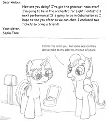 Size: 812x925 | Tagged: safe, artist:dsb71013, clover (g1), oc, oc only, oc:amber spark, earth pony, pony, g1, my little pony tales, comic, female, letter, mailbox, monochrome