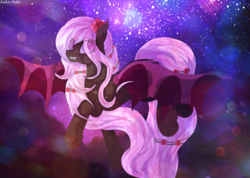 Size: 3025x2152 | Tagged: safe, artist:asika-aida, oc, oc only, oc:rosalind, bat pony, pony, female, flower, flower in hair, flying, high res, mare, night, open mouth, solo, spread wings, starry night, stars