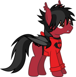 Size: 1286x1297 | Tagged: safe, artist:lightningbolt, derpibooru exclusive, bat pony, pony, g4, .svg available, clandestine industries, clothes, ear fluff, emo, fall out boy, fangs, hair over one eye, happy, hoodie, male, messy mane, pete wentz, ponified, shirt, show accurate, simple background, slit pupils, solo, stallion, svg, transparent background, undershirt, vector, zipper