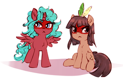 Size: 1006x661 | Tagged: safe, artist:sapsan, oc, oc only, oc:equie, oc:kuruminha, alicorn, earth pony, pony, alicorn oc, angry, aside glance, brchan, cheek fluff, chest fluff, cute, ear fluff, feather, female, filly, frown, glare, horn, indigenous brazilian, looking at you, madorable, mascot, native american, ocbetes, ponified, simple background, spread wings, white background, wings