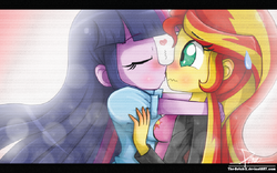 Size: 871x544 | Tagged: safe, artist:the-butch-x, sunset shimmer, twilight sparkle, equestria girls, g4, blushing, breasts, clothes, duo, eyes closed, female, heart eyes, imminent kissing, jacket, leather jacket, lesbian, letterboxing, ship:sunsetsparkle, shipping, sweat, wavy mouth, wingding eyes