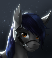 Size: 2250x2520 | Tagged: safe, artist:mykegreywolf, oc, oc only, oc:echo, bat pony, pony, bit, blinders, bridle, commission, handsome, high res, moonlight, realistic, solo, stars, tack