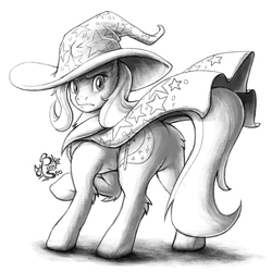 Size: 1000x1000 | Tagged: safe, artist:blue-paint-sea, trixie, pony, g4, butt, cape, clothes, female, grayscale, hat, looking back, monochrome, plot, raised hoof, solo, trixie's cape, trixie's hat