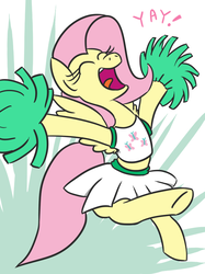 Size: 647x866 | Tagged: safe, artist:jargon scott, fluttershy, pony, g4, cheerleader, clothes, cute, female, midriff, pleated skirt, pom pom, skirt, solo, yay